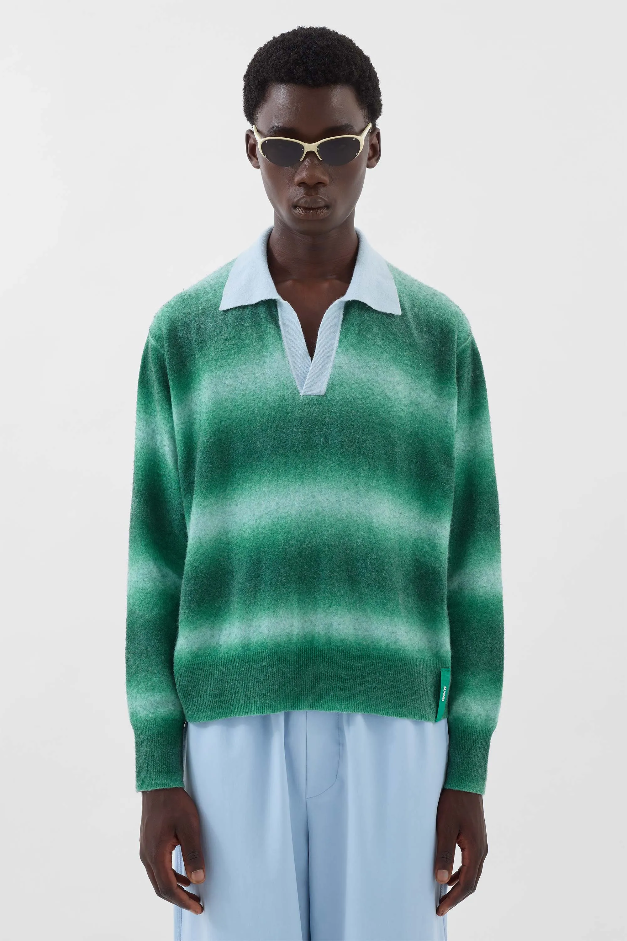 STRIPED KNIT LONGSLEEVE POLO / green & alice blue sold by Sunnei product image thumbnail 2