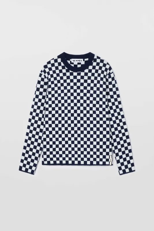 LONGSLEEVE ROUNDNECK / dark blue & off white check sold by Sunnei