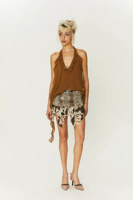 Polly Snakeskin Print Sequin Mini Skirt in Brown sold by PANN