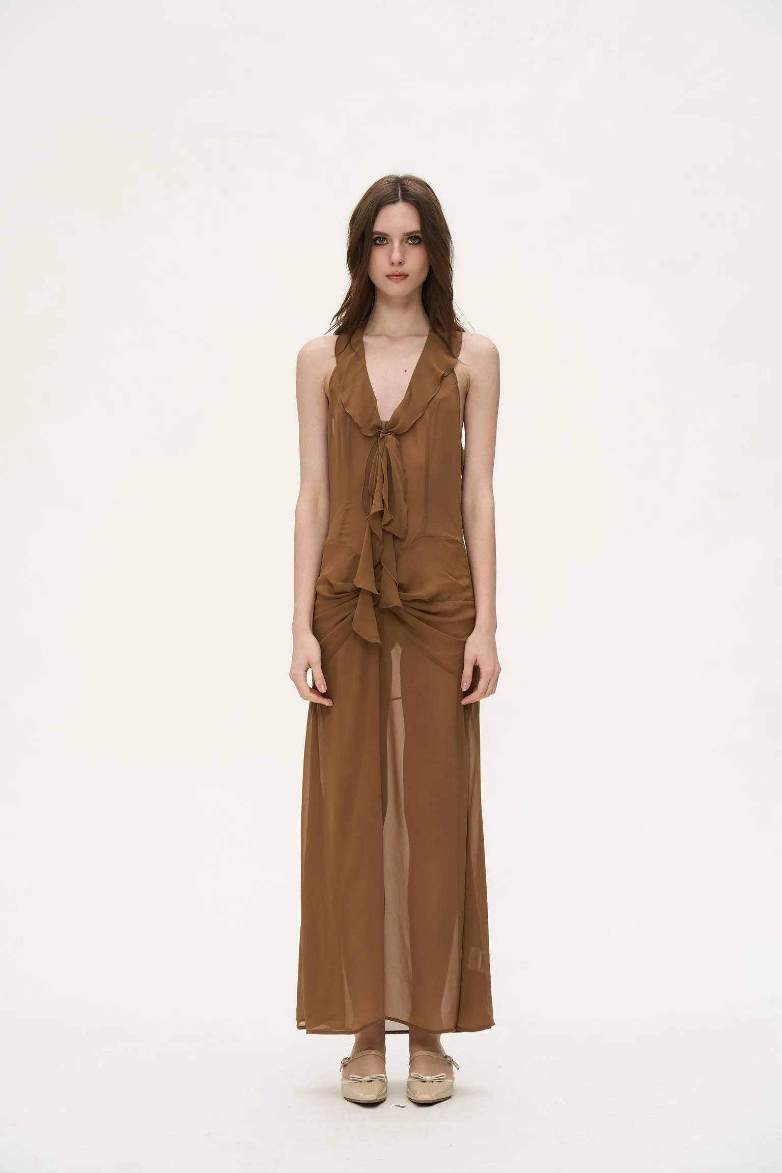 Sarah V-neck pleated dress in Brown sold by PANN