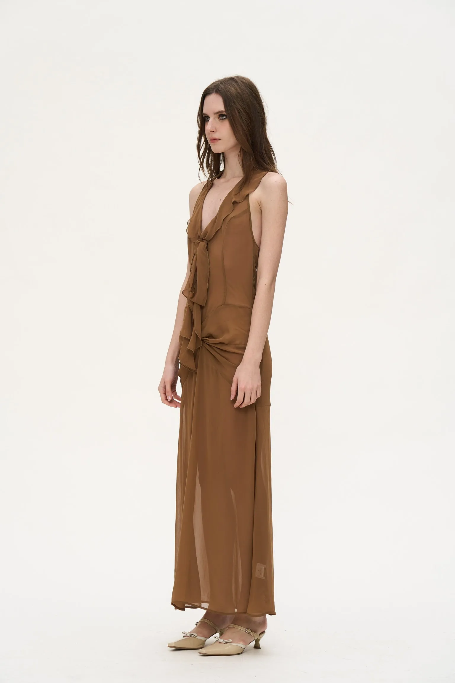 Sarah V-neck pleated dress in Brown sold by PANN product image thumbnail 2