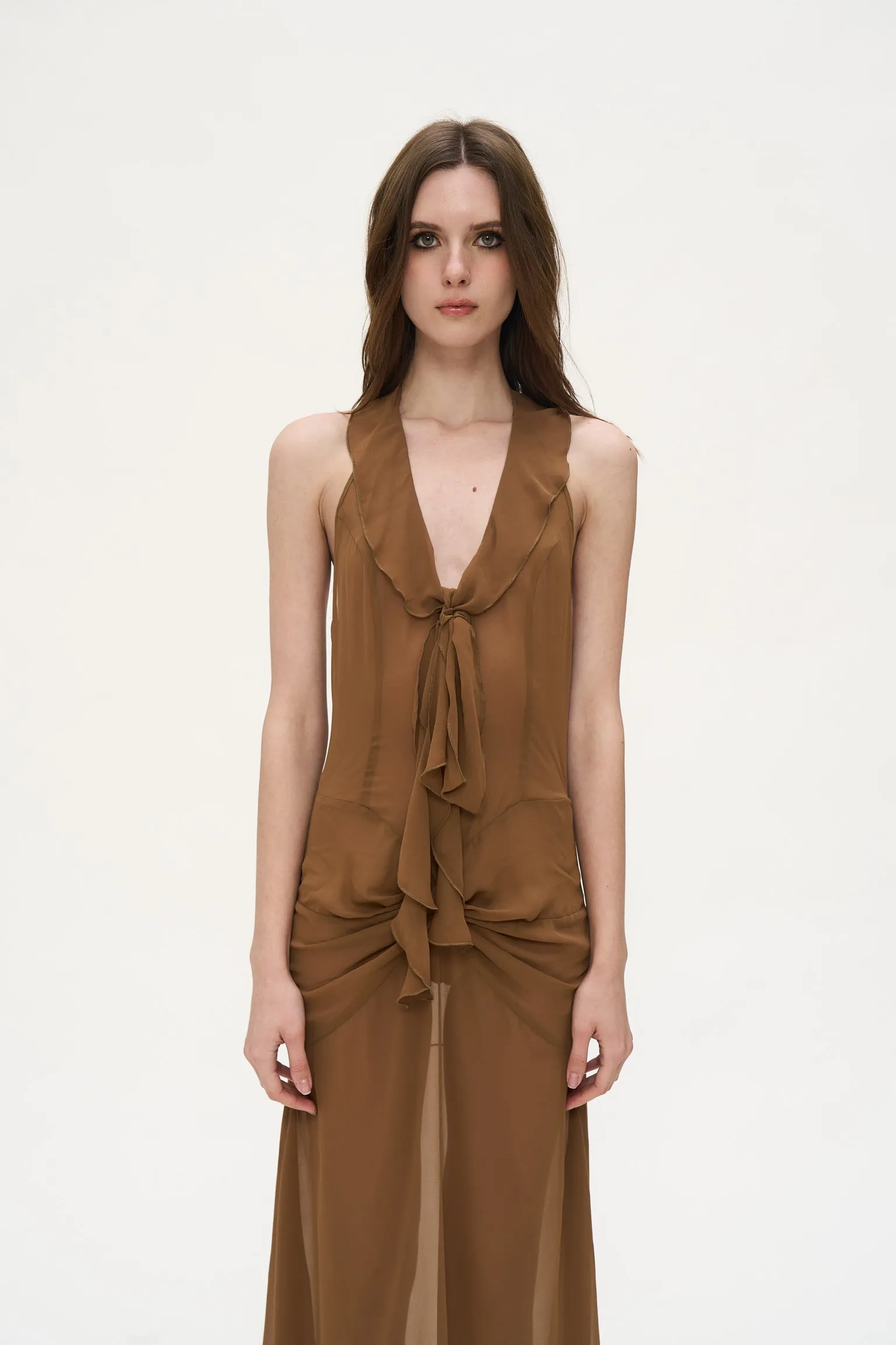 Sarah V-neck pleated dress in Brown sold by PANN product image thumbnail 4
