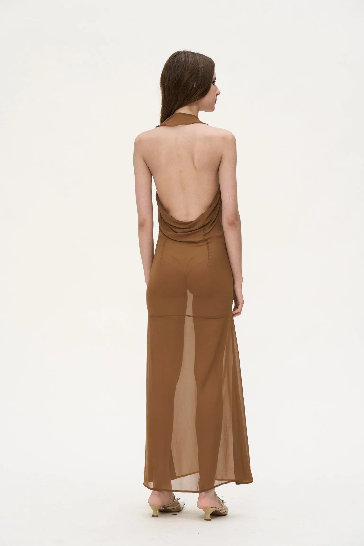 Sarah V-neck pleated dress in Brown sold by PANN product image thumbnail 3