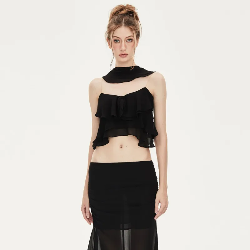 Avril Ruffled Chiffon Sleeveless Top in Black sold by PANN