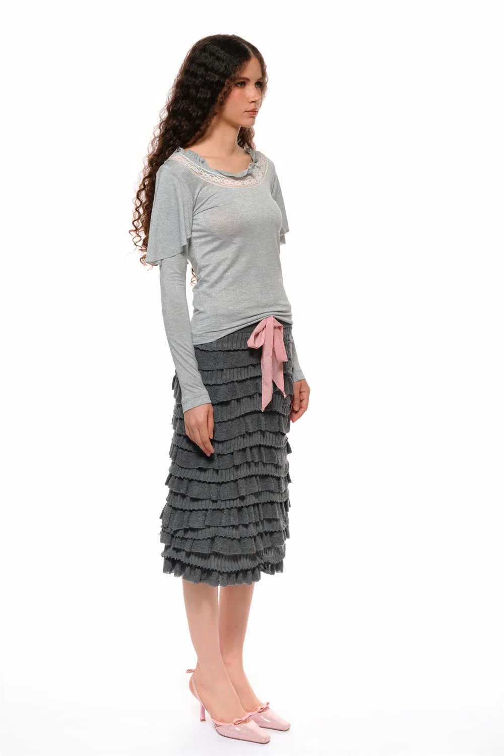 Milly Spliced Lace Flutter Top in Gray sold by PANN product image thumbnail 5