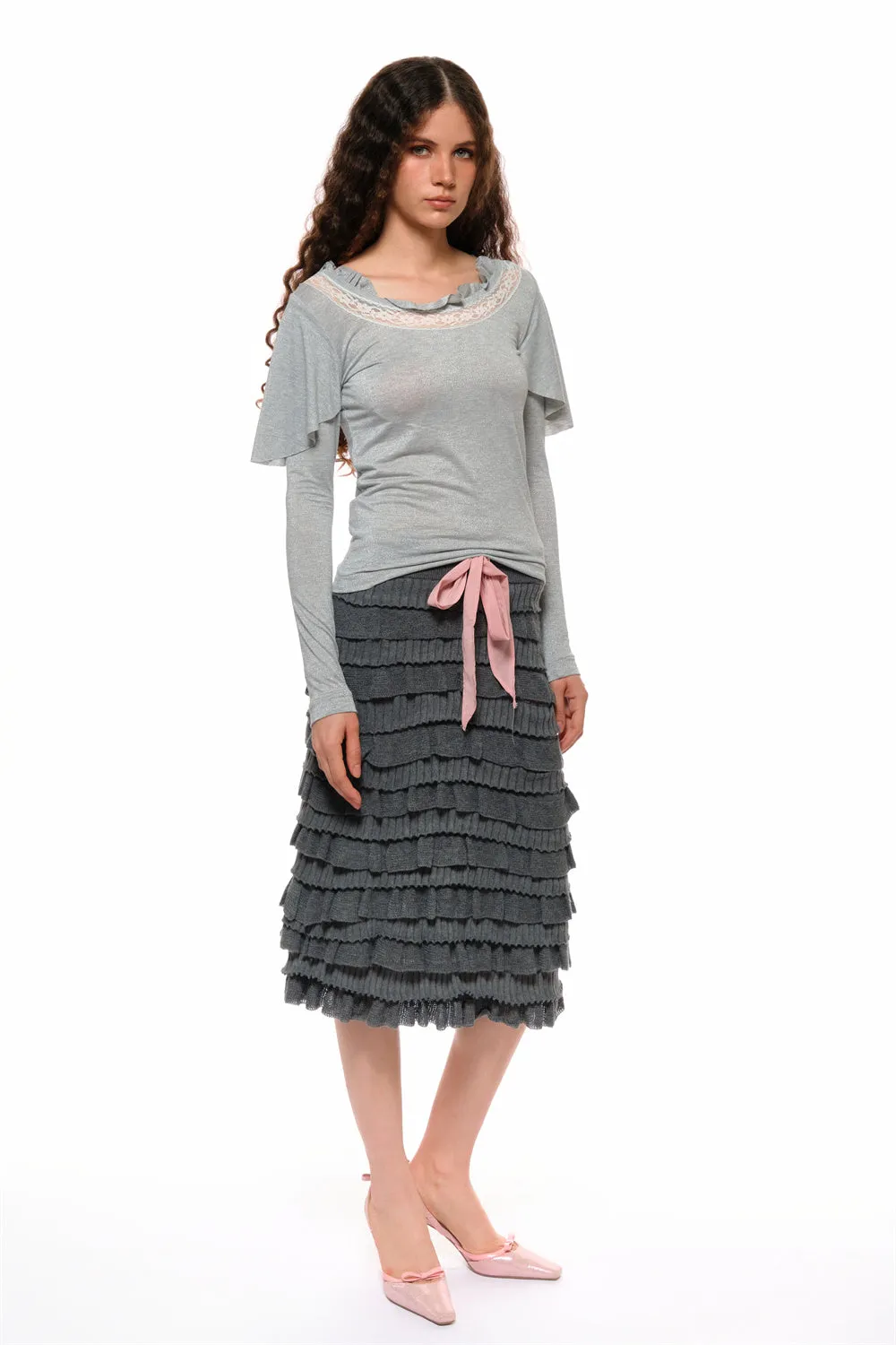 Milly Spliced Lace Flutter Top in Gray sold by PANN product image thumbnail 3