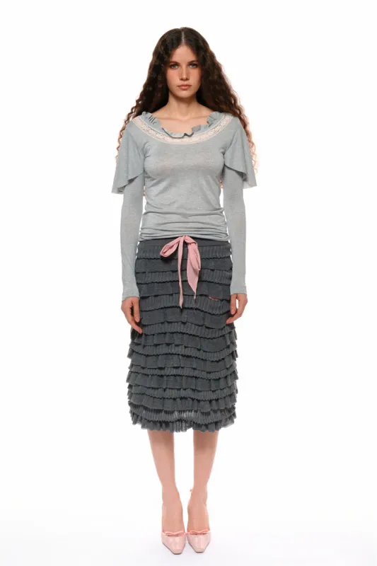 Milly Spliced Lace Flutter Top in Gray sold by PANN