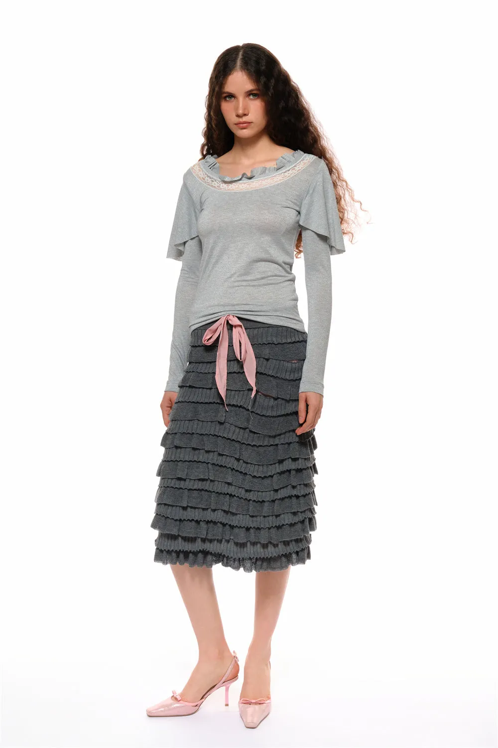 Milly Spliced Lace Flutter Top in Gray sold by PANN product image thumbnail 2