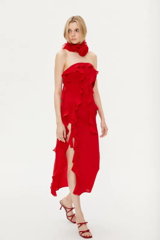 Crush Strapless Dress in Red sold by PANN