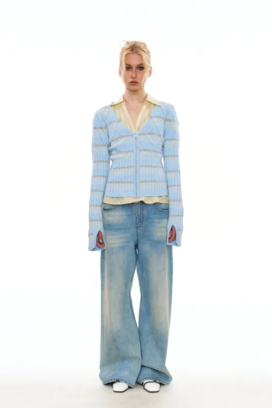Regee Striped Knit Slim-Fit Cardigan in Blue sold by PANN