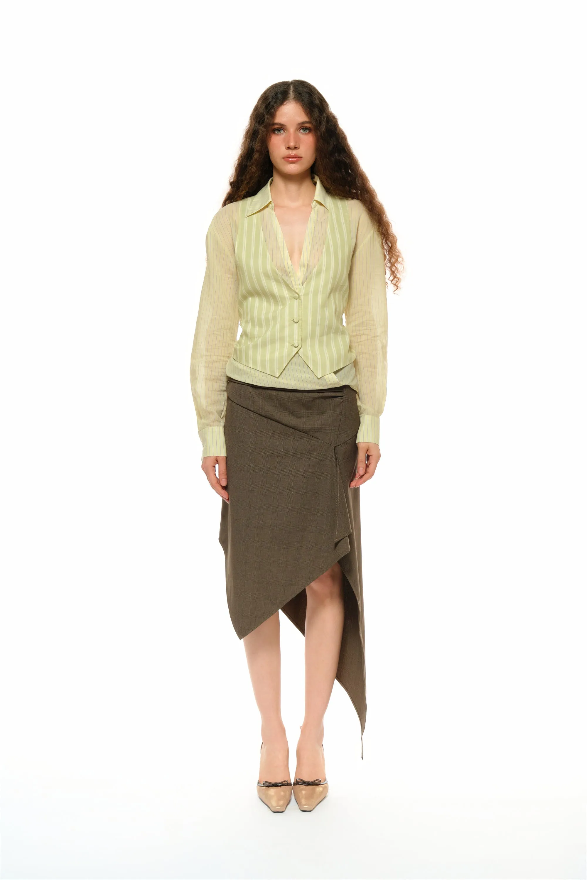 Leah Asymmetrical Tailored Skirt in Brown sold by PANN