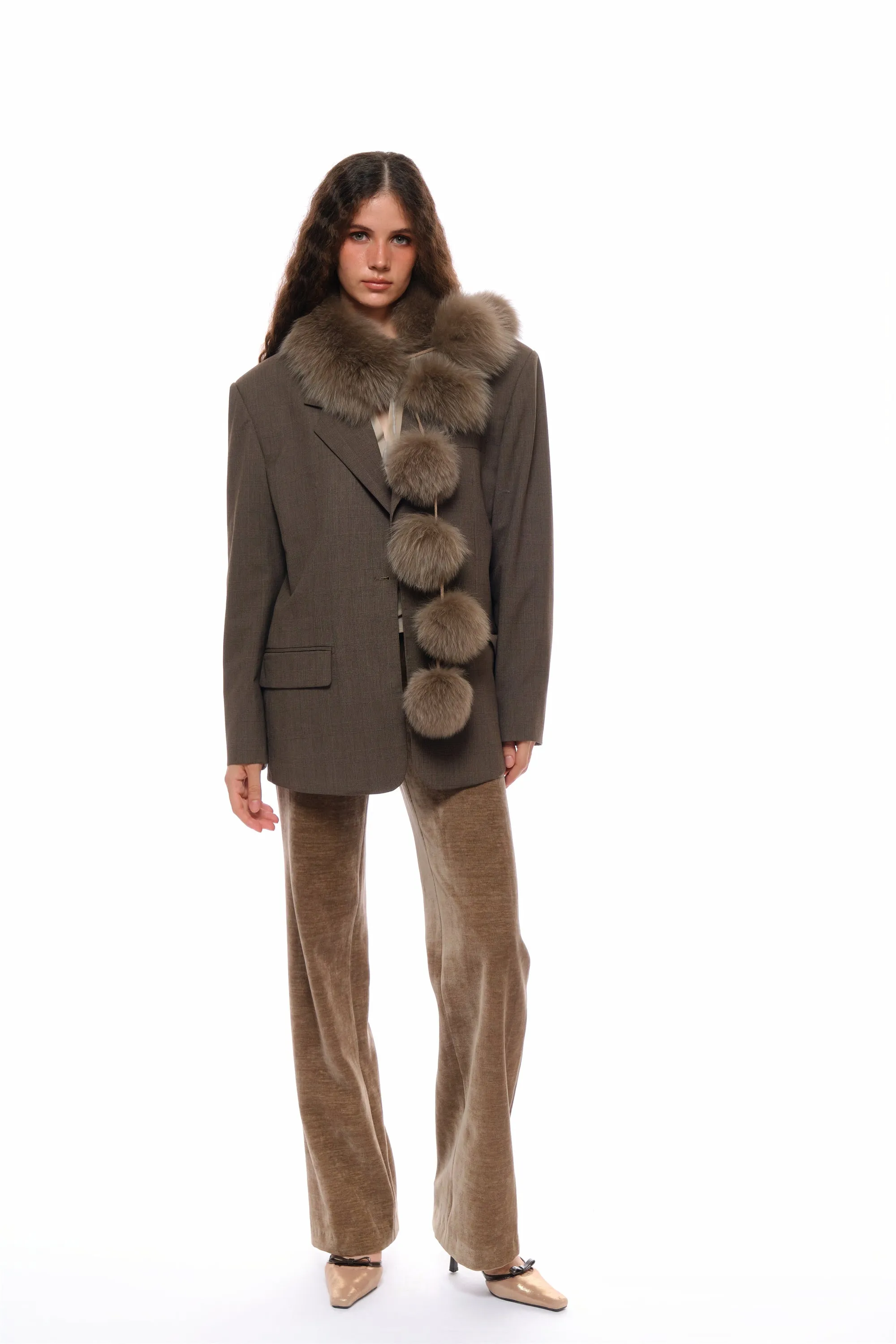 Bette Dreamy Pom-Pom Fur Scarf in Brown sold by PANN