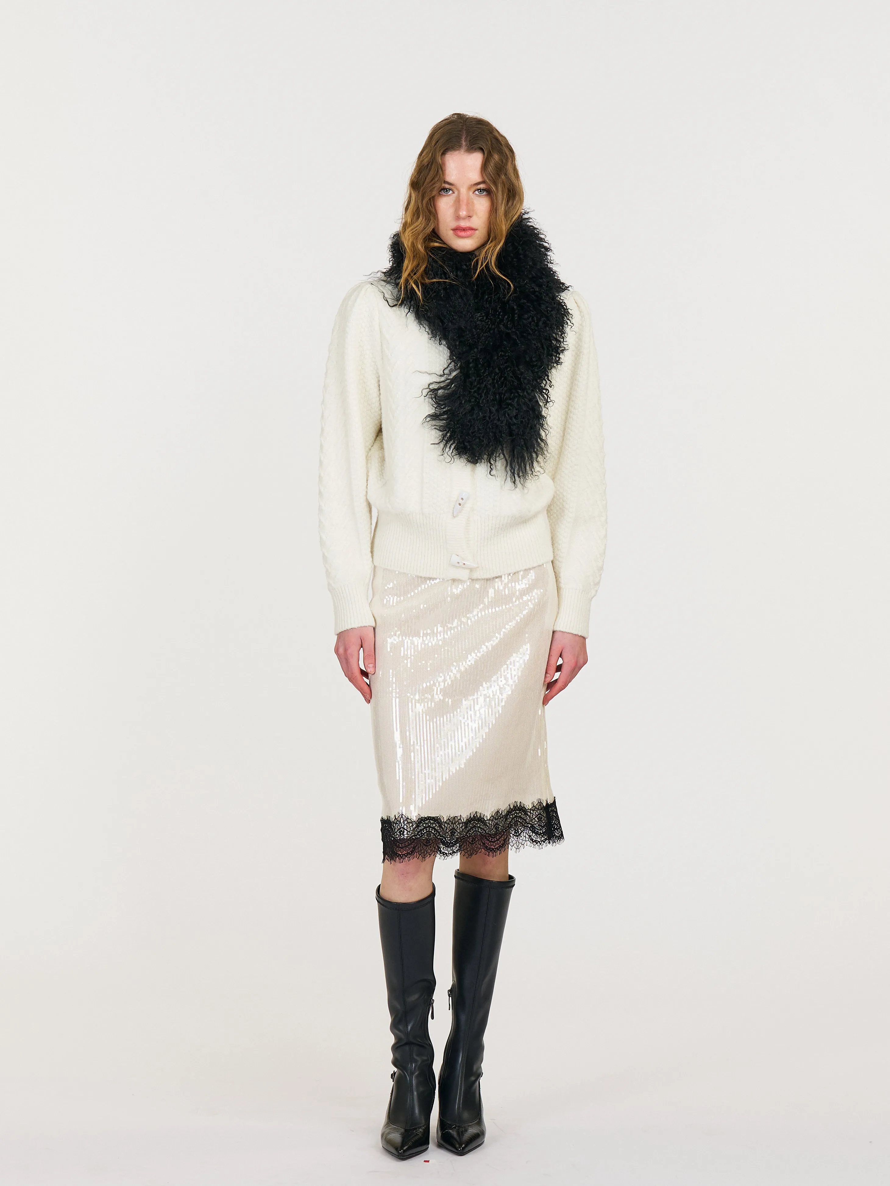 Rylee Sequin Lace Panel Midi Skirt sold by PANN