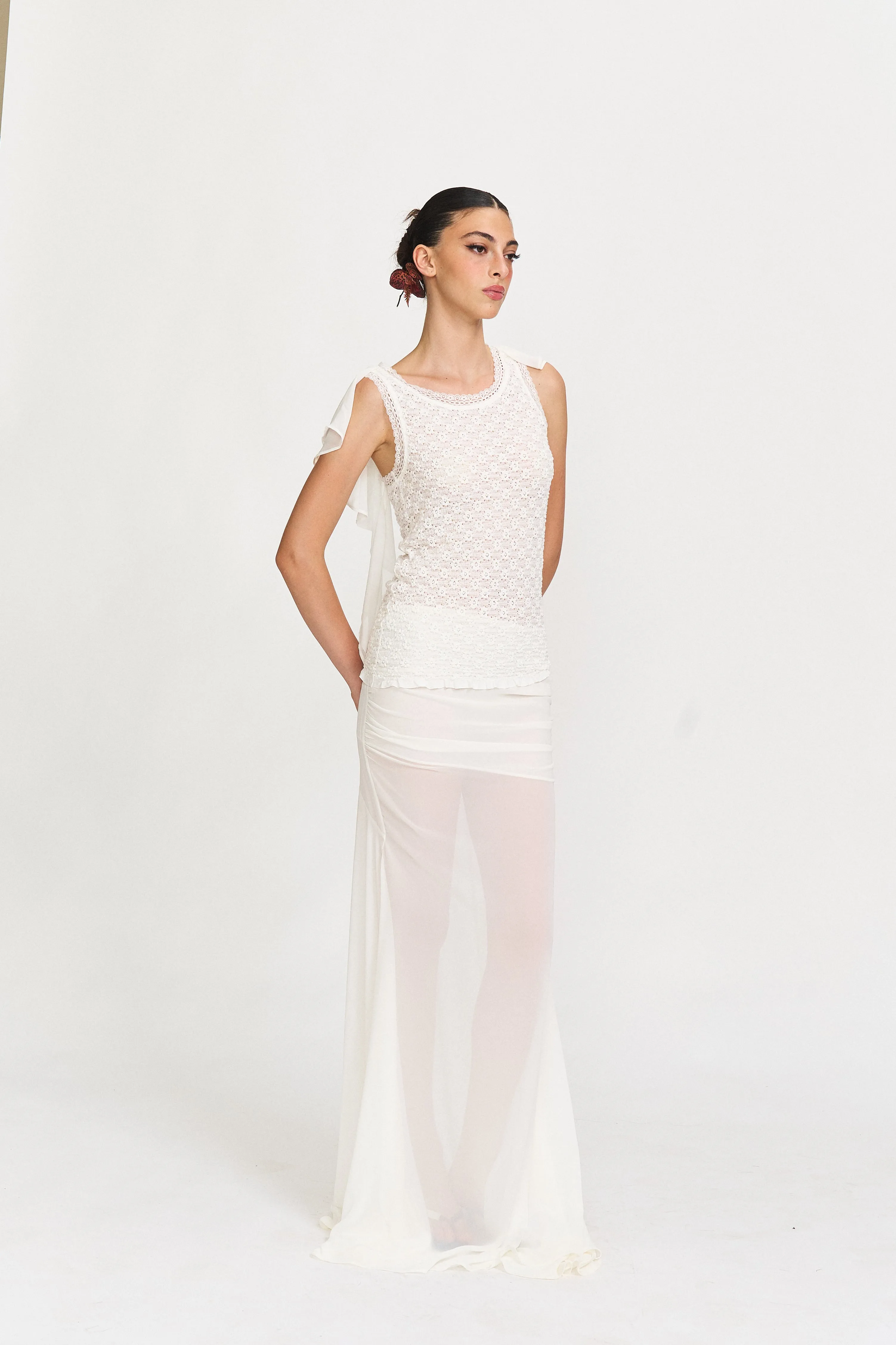 Sophie Elegant Ruched Midi Skirt in White sold by PANN