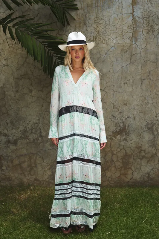 Zinnia Lace Long Dress in Muted green sold by PANN