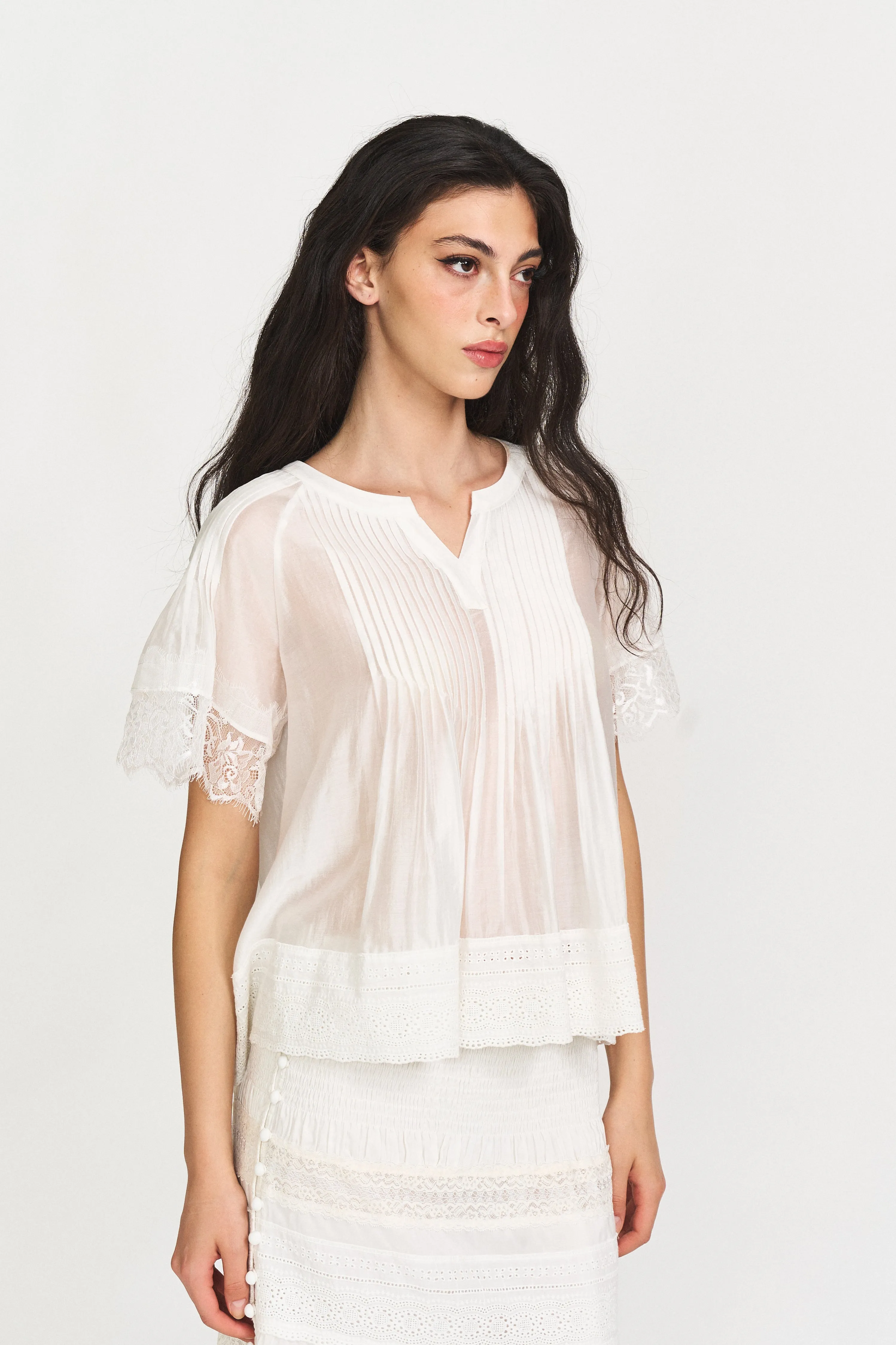 Lia Lace-Trim Short-Sleeve Top in White sold by PANN product image thumbnail 2
