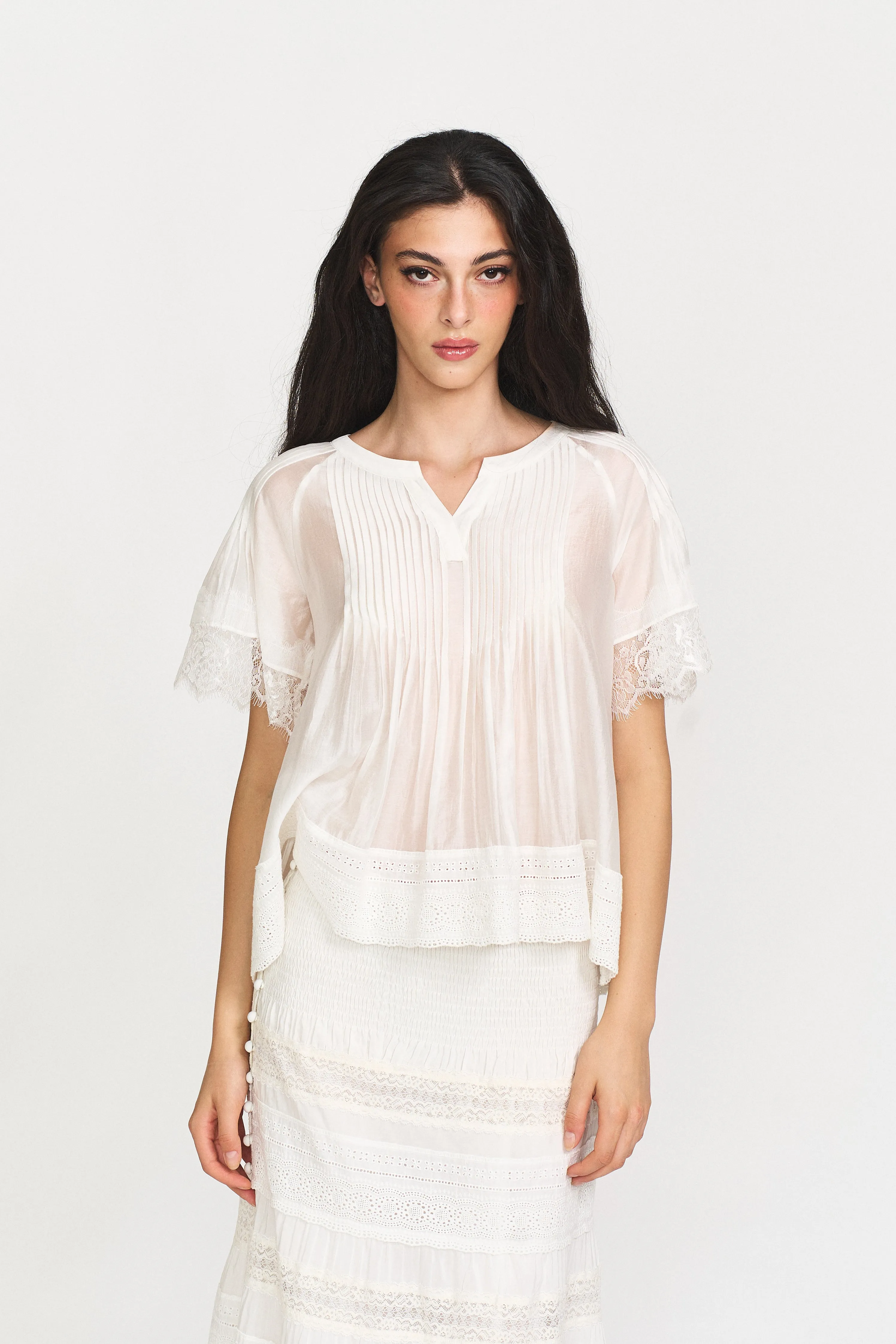 Lia Lace-Trim Short-Sleeve Top in White sold by PANN