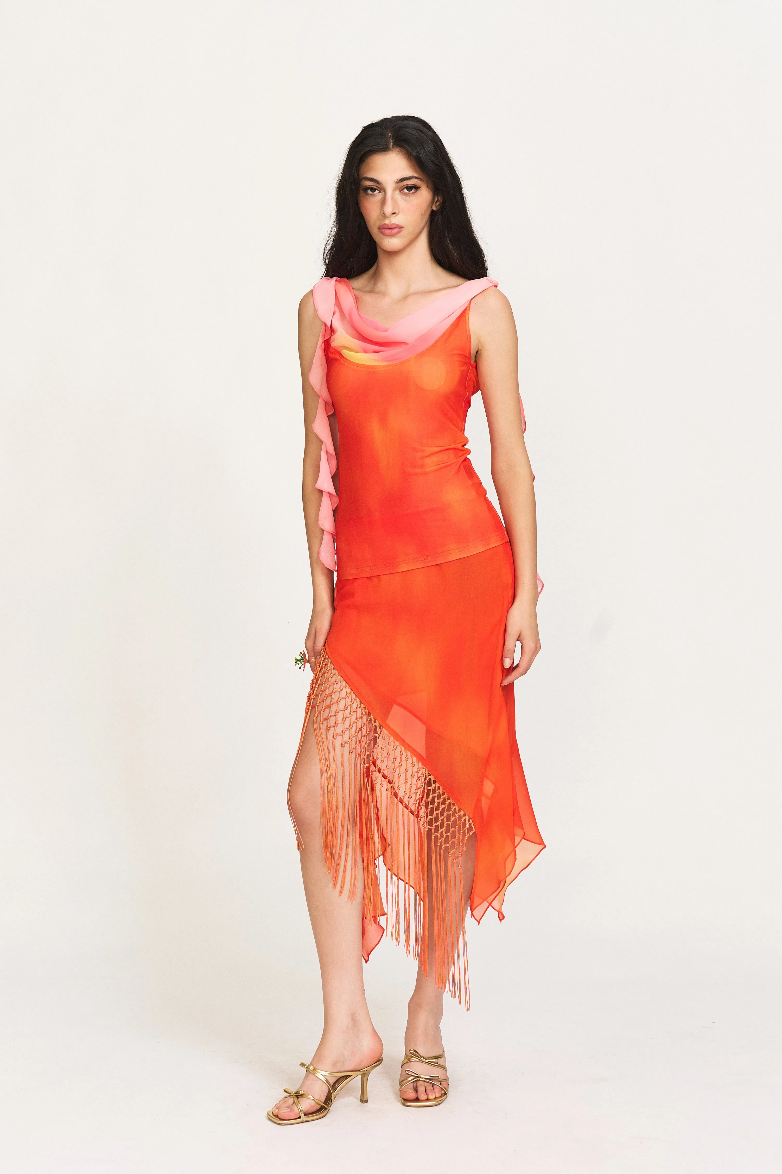 Peg Fringe Lace Mini Skirt in Sunlit Coral sold by PANN