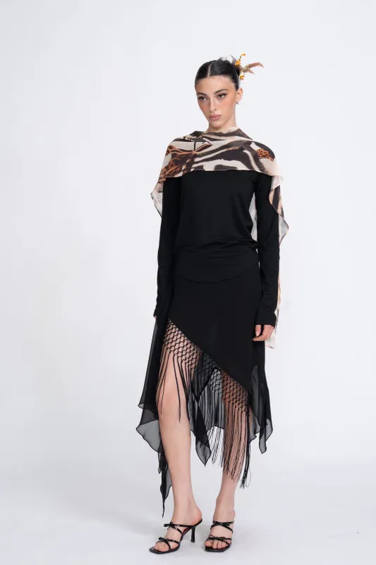 Peg Fringe Lace Mini Skirt in Black sold by PANN