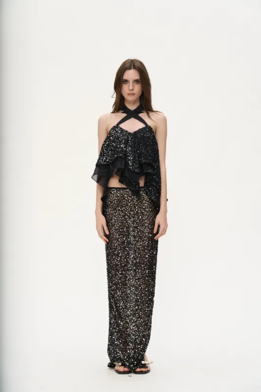 Devi Sequined Layered Halter Top in Black sold by PANN