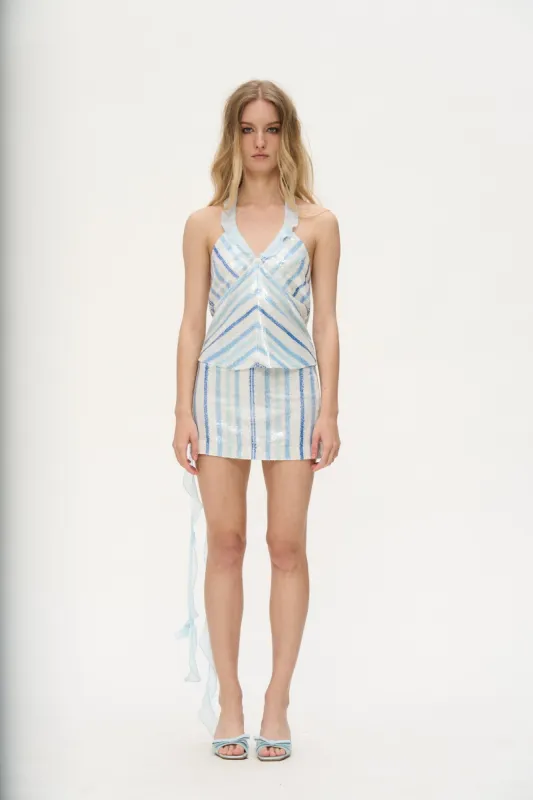 Sea Chiffon Sequin Halter Top in Blue sold by PANN