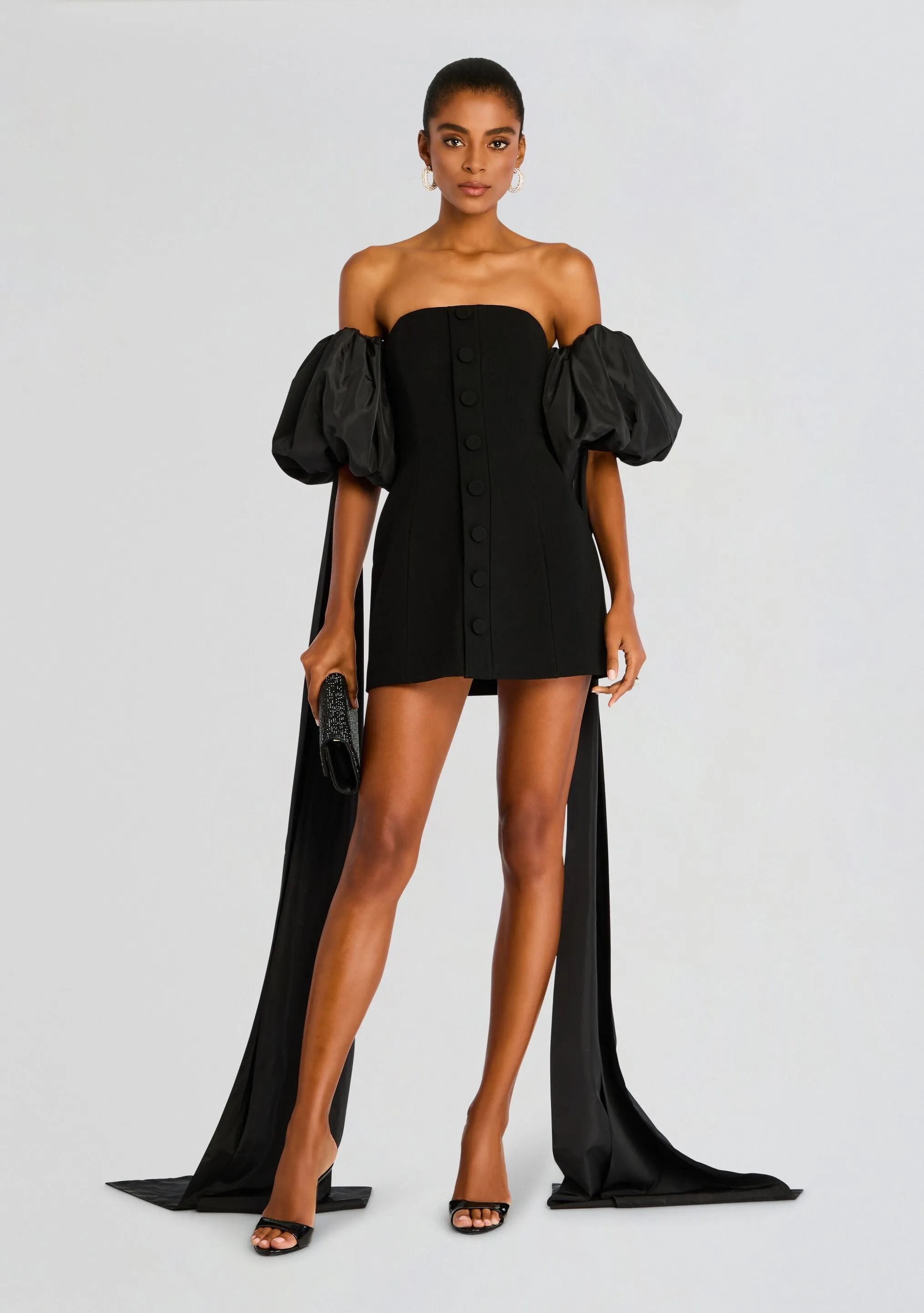 Laurent Mini Button Dress with Black Plumes sold by Retrofete