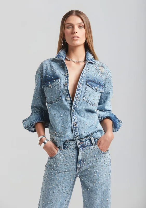 Doreen Crystal Embellished Denim Shirt sold by Retrofete
