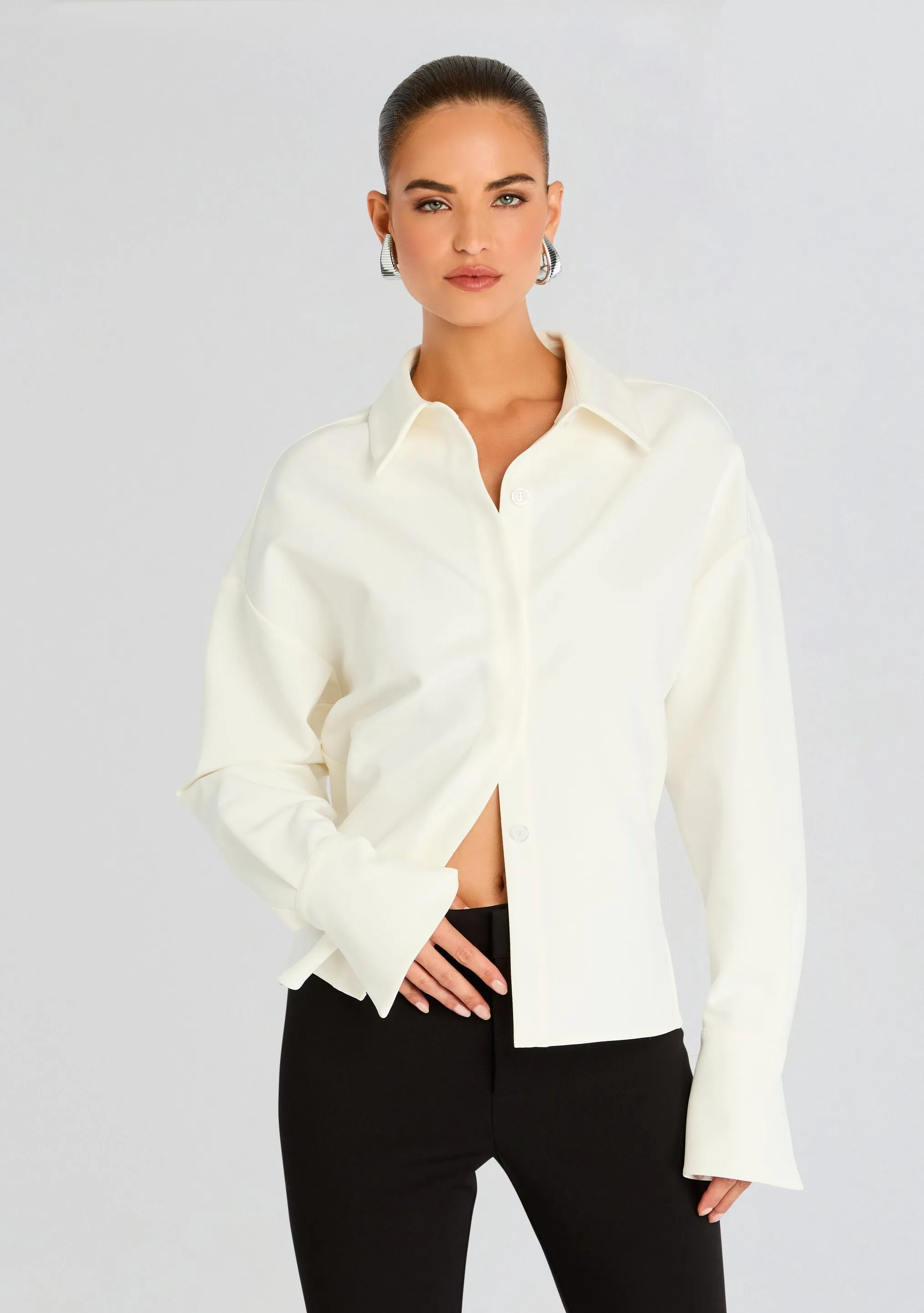 Rhia Crepe Draped Button Down sold by Retrofete