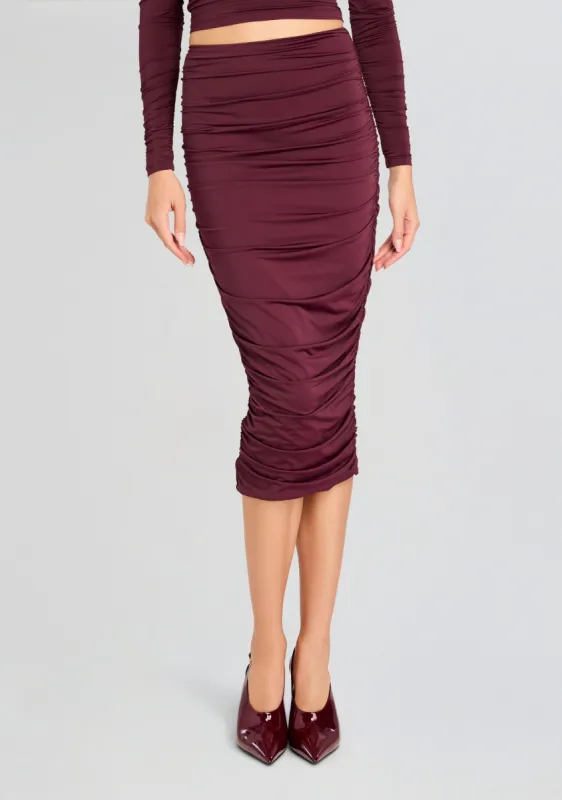 Darcy Mid Rise Ruched Midi Skirt sold by Retrofete