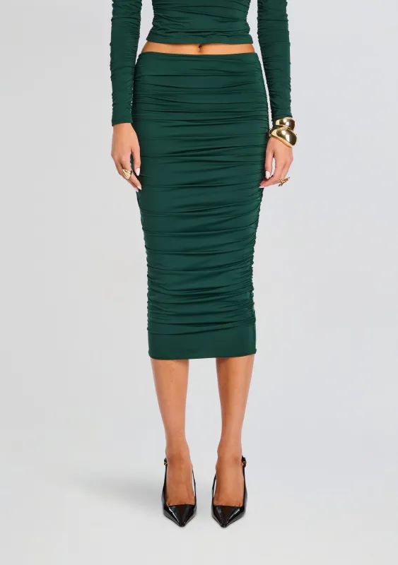 Darcy Mid Rise Ruched Midi Skirt sold by Retrofete