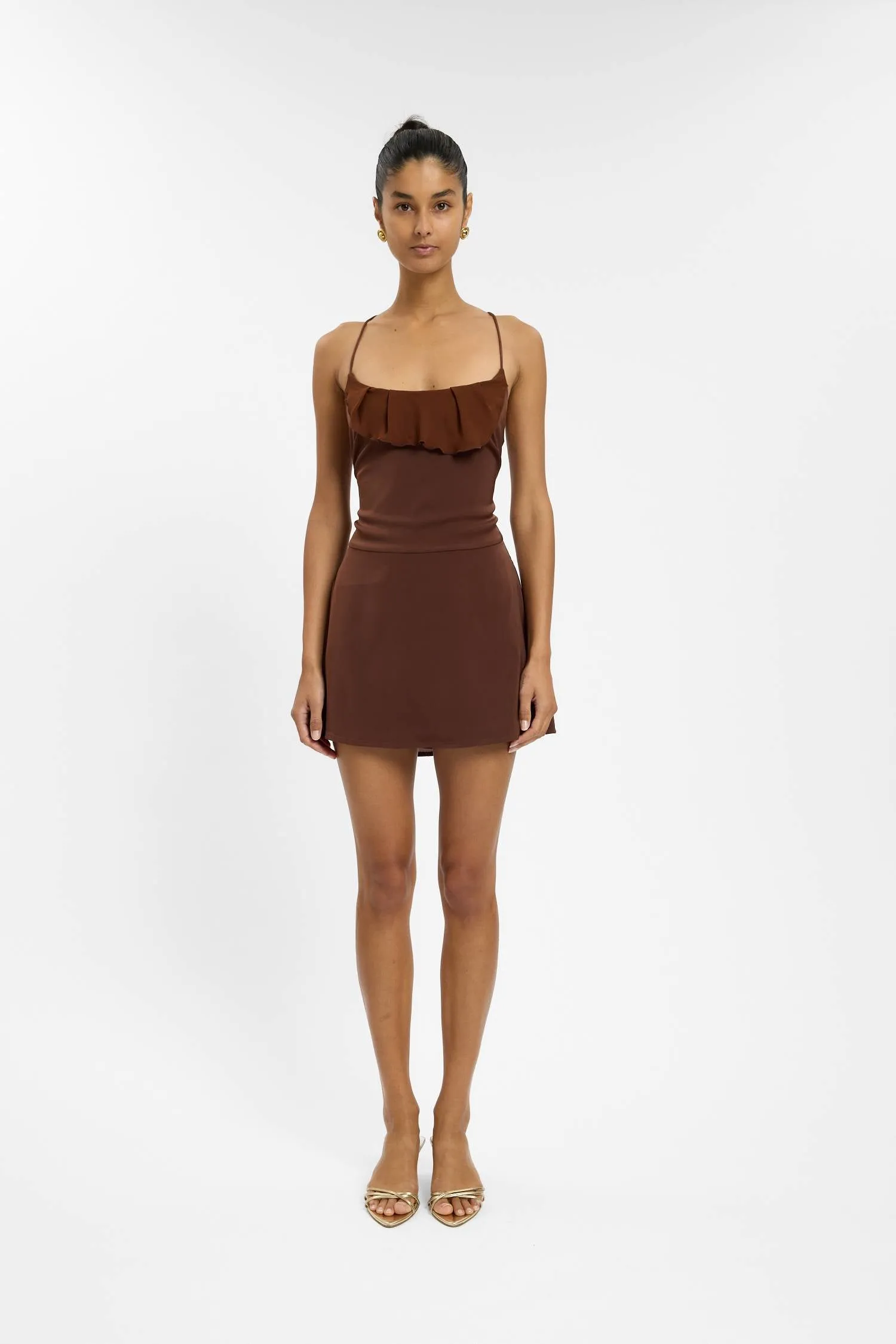 Frill Backless Mini Dress | Chocolate Satin sold by With Harper Lu