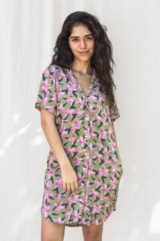 Aloha Shirt Dress in Hawaiian Floral Print sold by Lokahi Swimwear