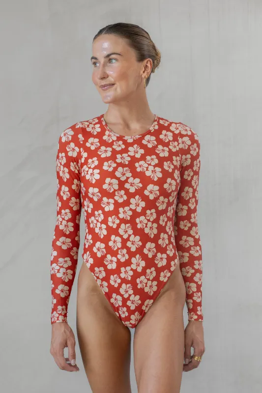 Long Sleeve Surf Suit - Burnt Hibiscus sold by Lokahi Swimwear