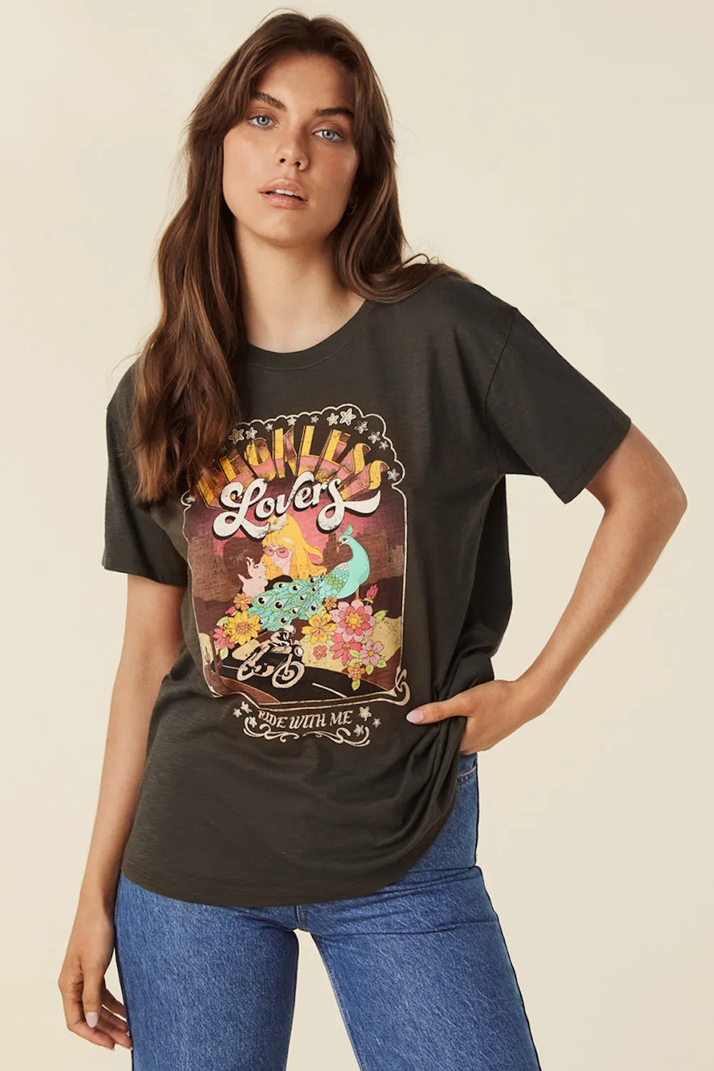 SPELL Hibiscus Lane Reckless Lovers Bikers Tee in Charcoal- Last One sold by Society Bikini