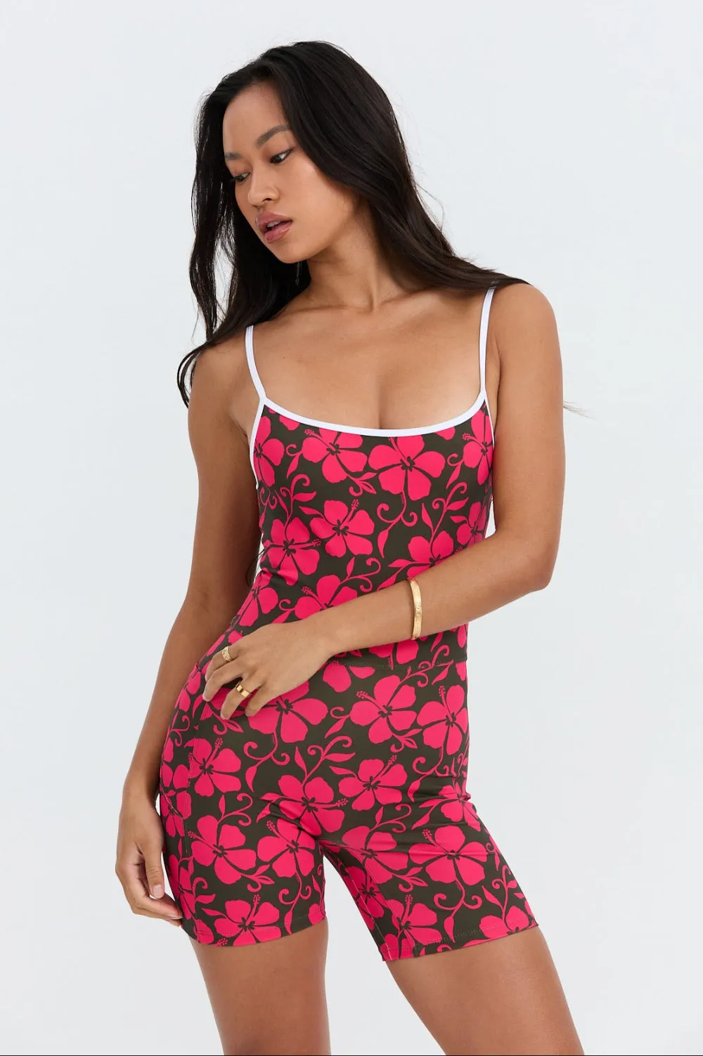 Benoa Active Square Neck Romper 5" in Pupukea|Pink sold by Society Bikini
