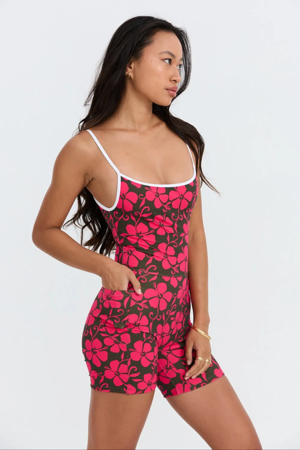 Benoa Active Square Neck Romper 5" in Pupukea|Pink sold by Society Bikini product image thumbnail 3