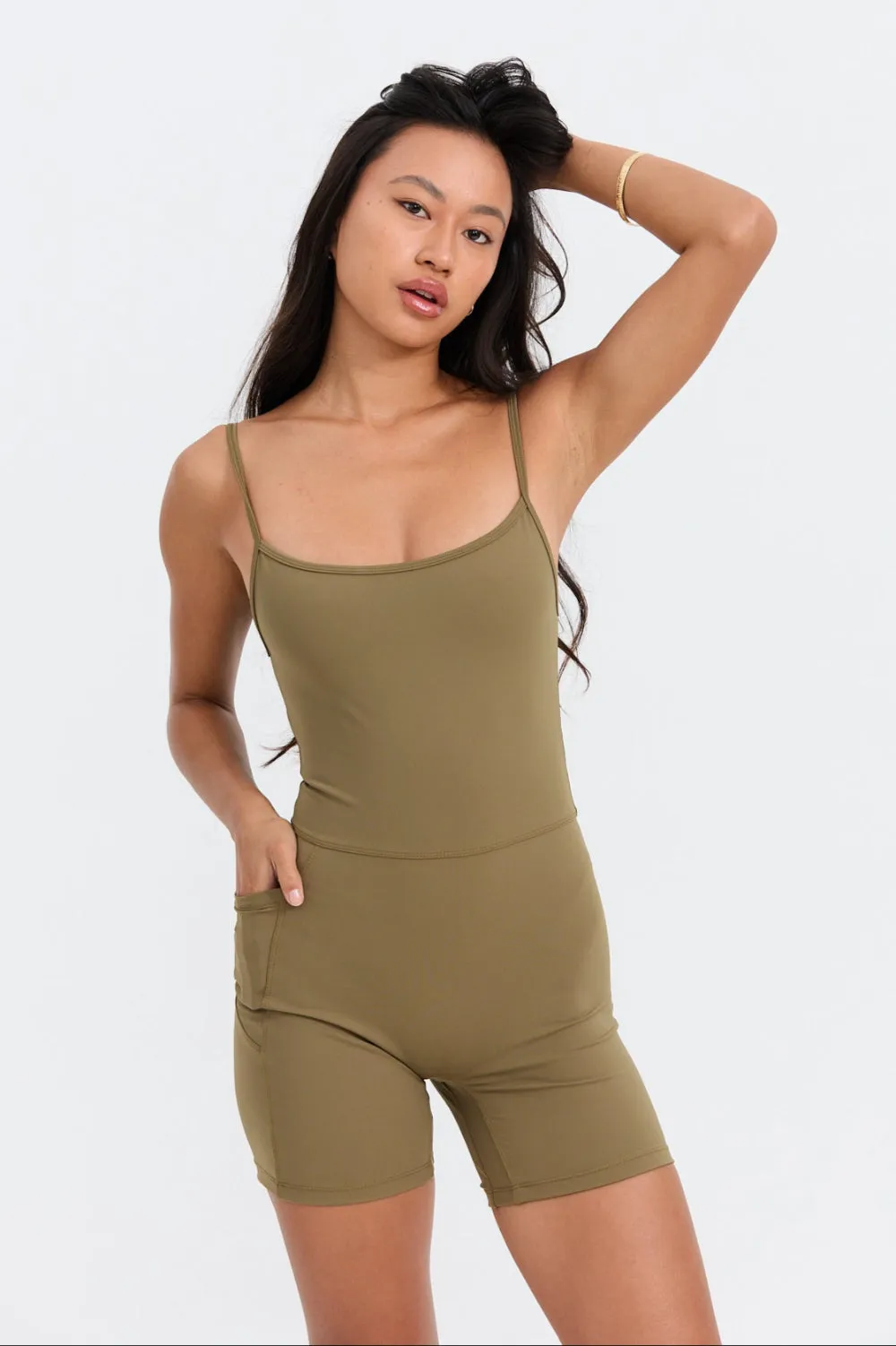 Benoa Active Square Neck Romper 5" in Khaki- Last One sold by Society Bikini