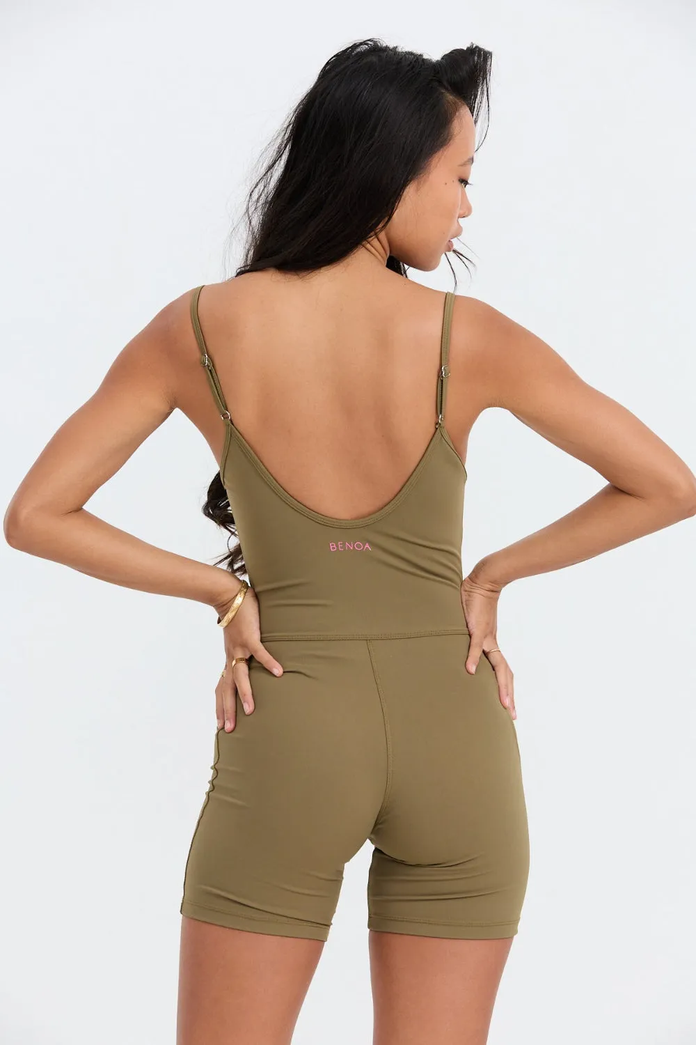 Benoa Active Square Neck Romper 5" in Khaki- Last One sold by Society Bikini product image thumbnail 4
