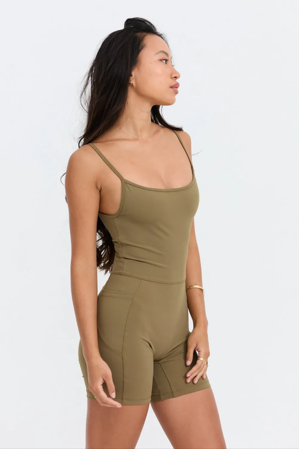 Benoa Active Square Neck Romper 5" in Khaki- Last One sold by Society Bikini product image thumbnail 2