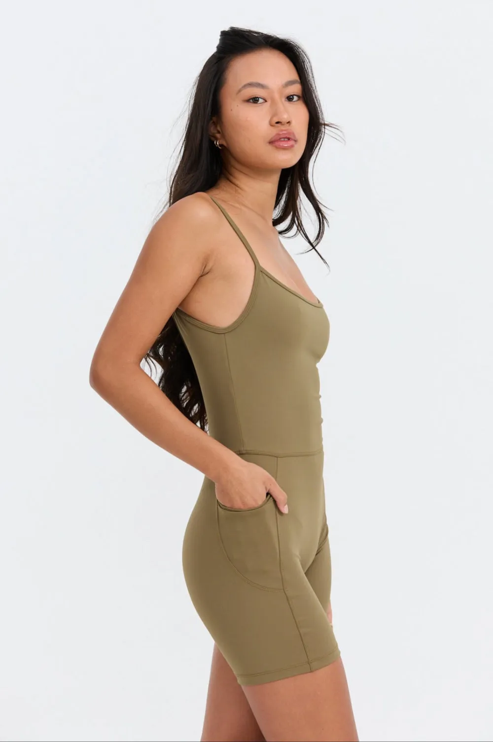 Benoa Active Square Neck Romper 5" in Khaki- Last One sold by Society Bikini product image thumbnail 3