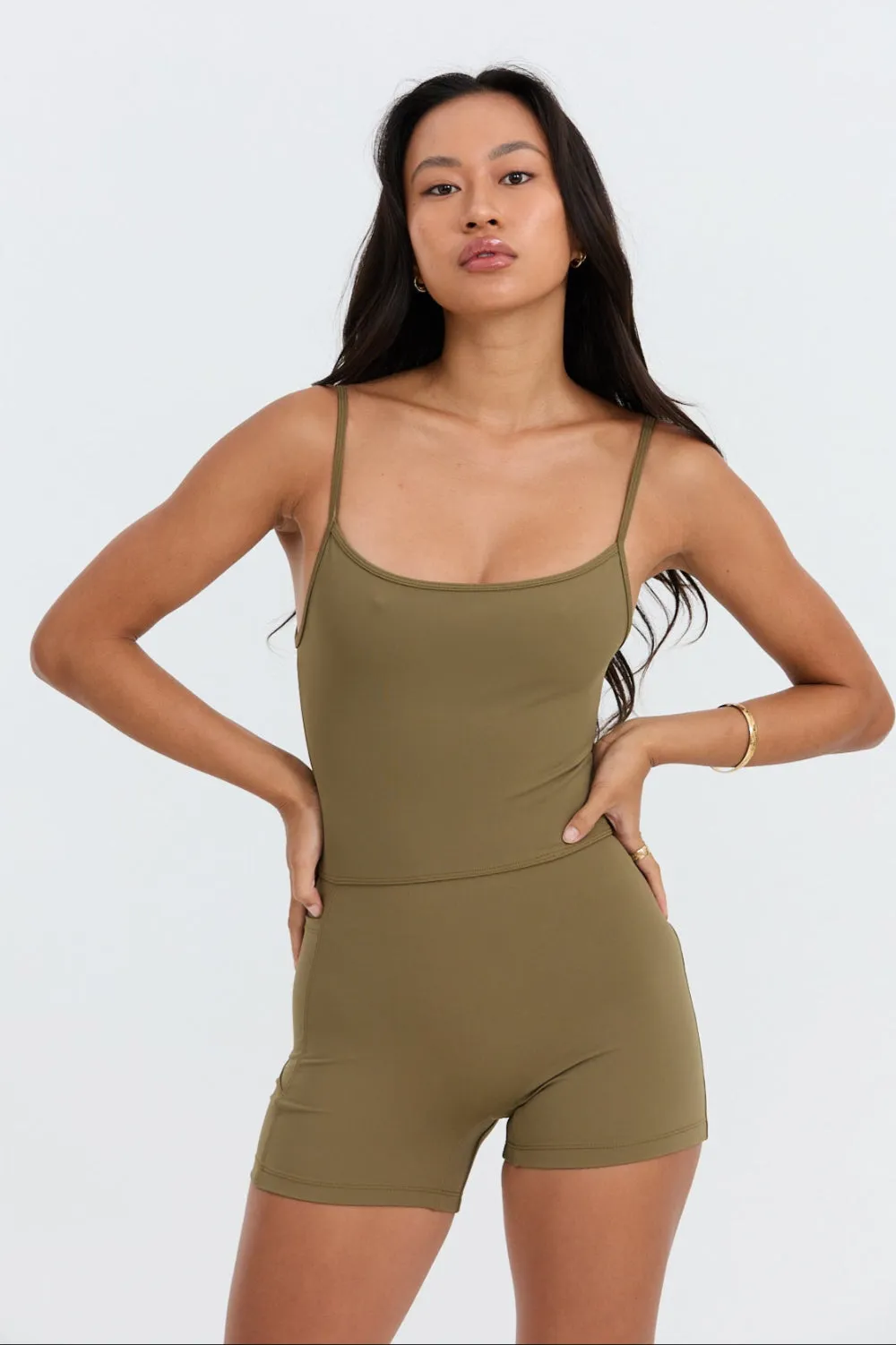 Benoa Active Square Neck Romper 3" in Khaki- Last Two sold by Society Bikini