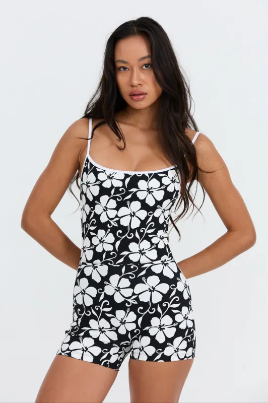 Benoa Active Square Neck Romper 3" in  Pupukea|Black sold by Society Bikini