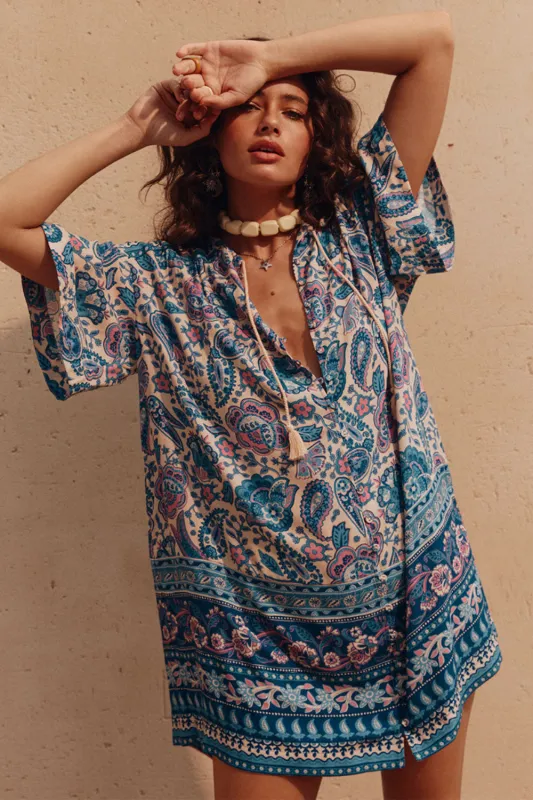 SPELL Marmont Flutter Tunic Dress in Lapis sold by Society Bikini