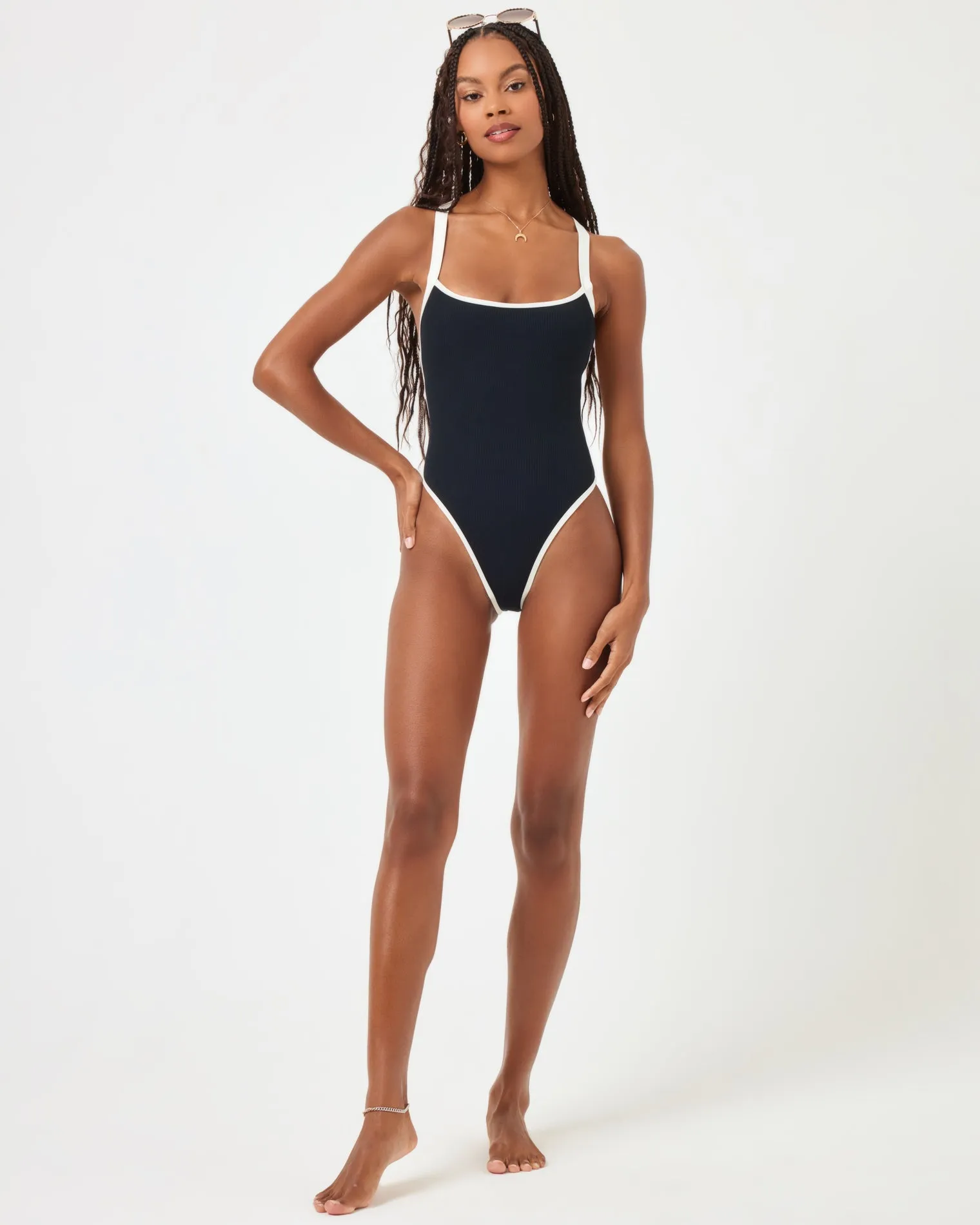 Ribbed Baewatch One Piece Swimsuit - Black-Cream sold by Society Bikini product image thumbnail 5