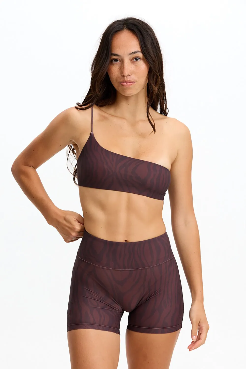 Benoa Active One Shoulder Sports Bra in Chocolate Zebra sold by Society Bikini
