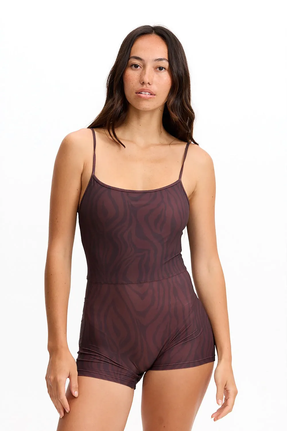 Benoa Active Square Neck Romper 3" in Chocolate Zebra sold by Society Bikini