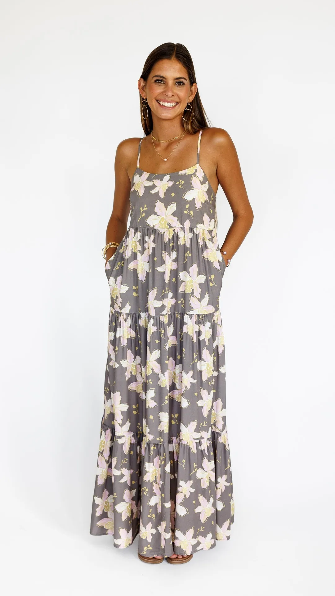 Orchid Blooms / Haleiwa Maxi Dress / Coconut Husk sold by Society Bikini
