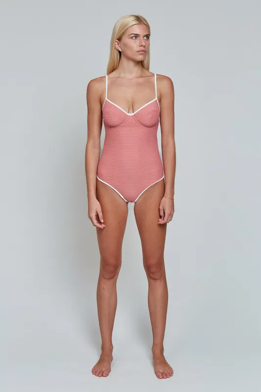 ACACIA Resort 2026 Marlow Ribbed Piped One Piece in Lychee sold by Society Bikini