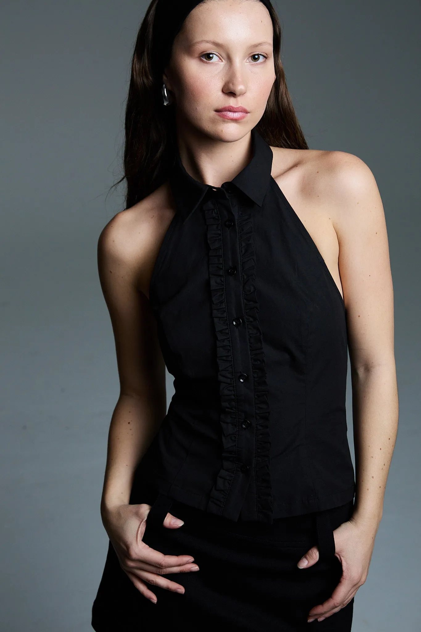 Ruffle Halter Shirt | Black sold by With Consideration