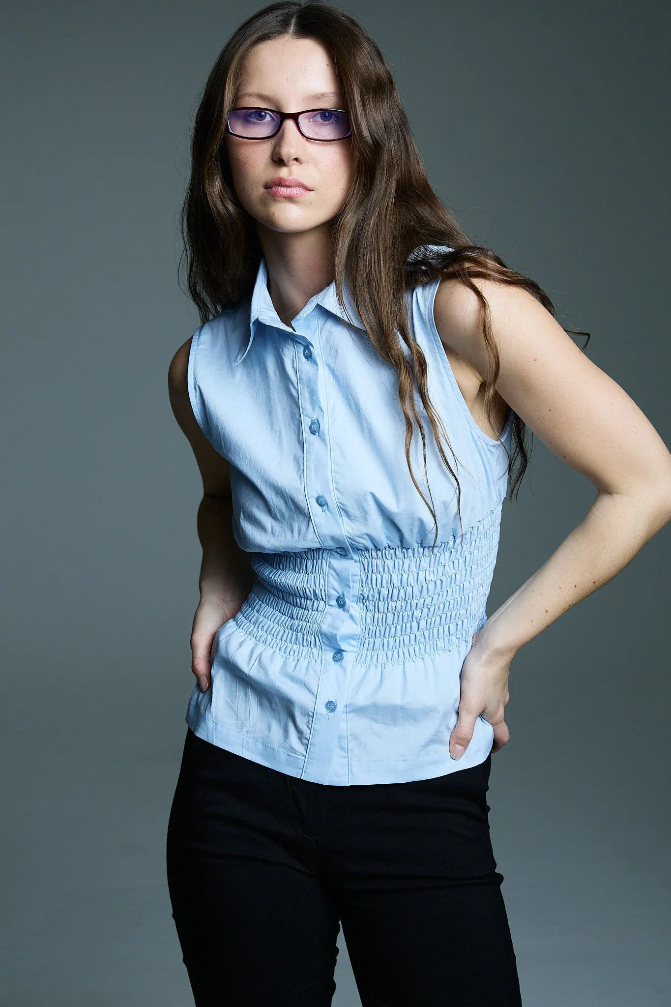 sleeveless shirred shirt - sky blue sold by With Consideration